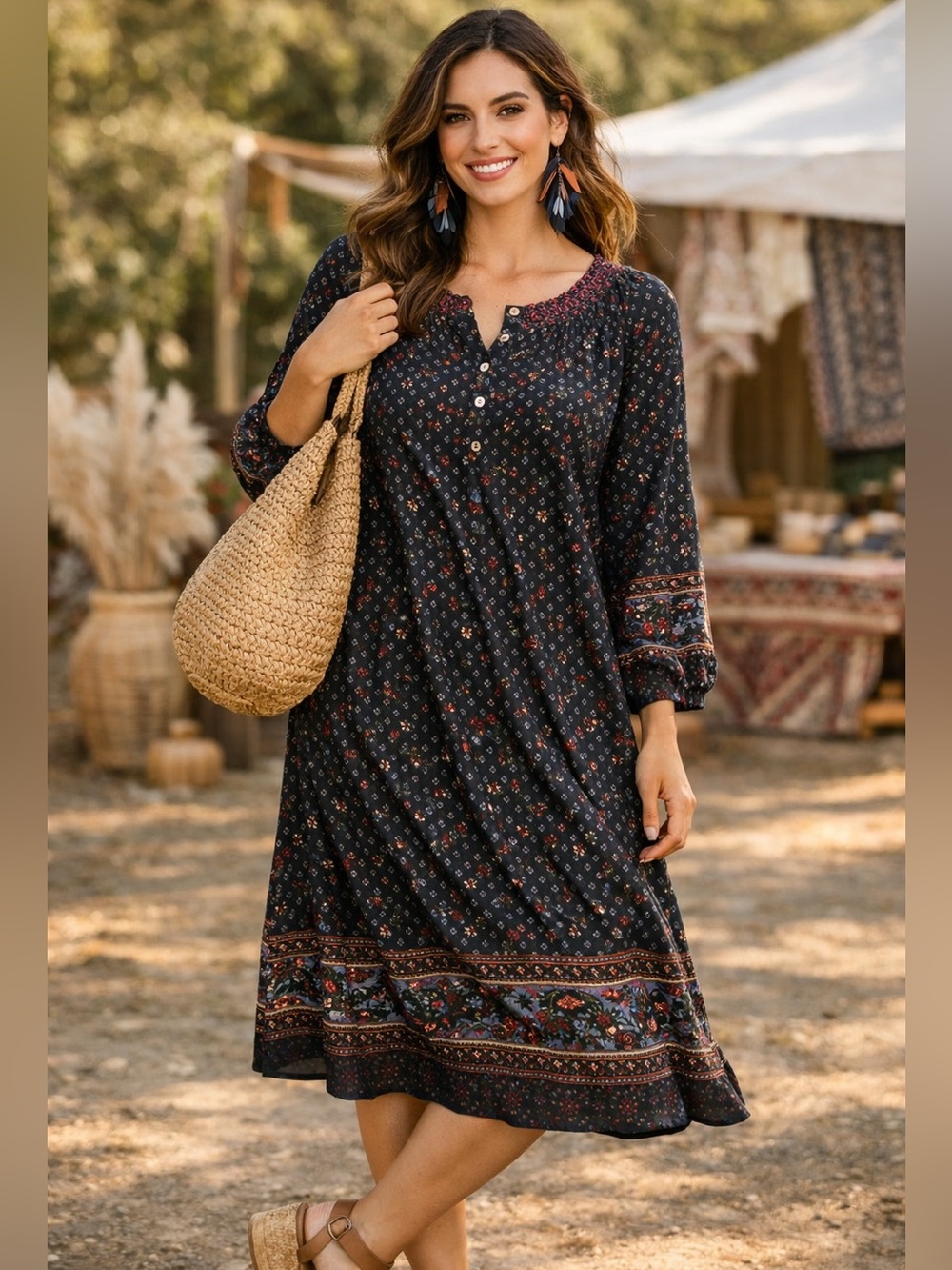 Lucky Brand size Medium Boho Floral Print Black Midi Dress